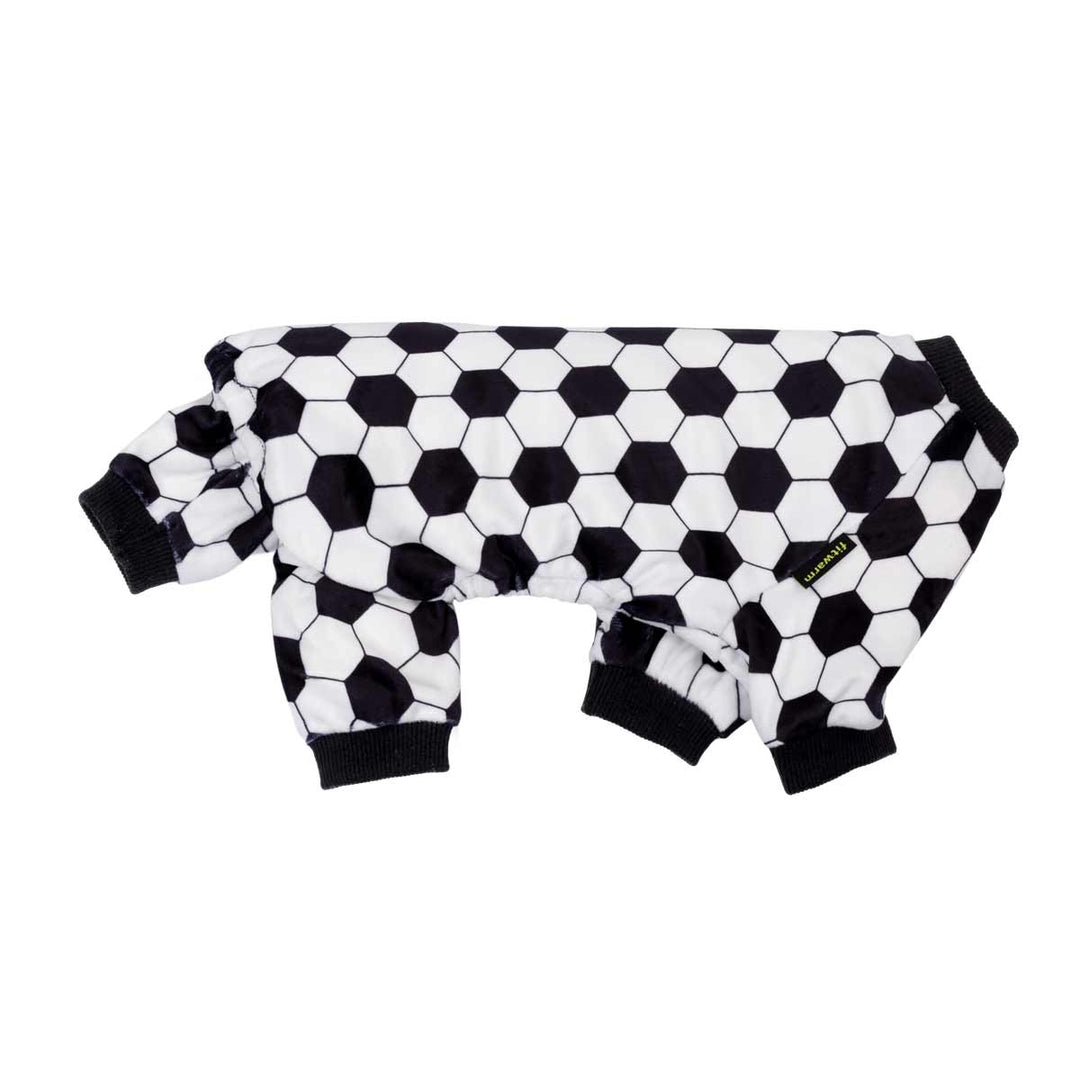 Black and white hexagon soccer pattern dog pajamas with ribbed cuffs.