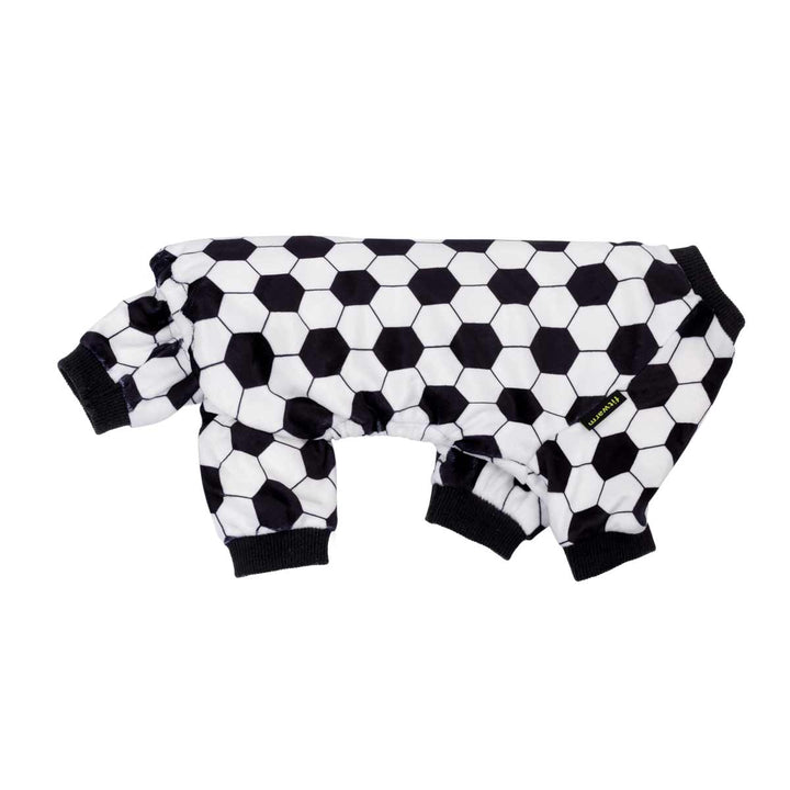 Black and white hexagon soccer pattern dog pajamas with ribbed cuffs.