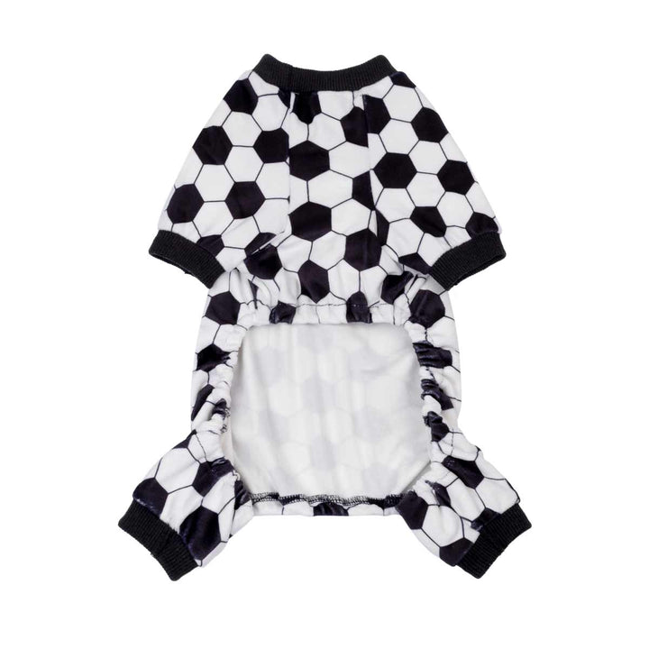 Soccer dog pajamas onesie with black and white hexagon soccer ball print and ribbed cuffs.