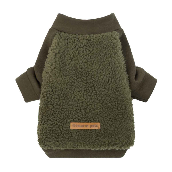 Green sherpa dog sweater shown from front with ribbed collar and sleeves.