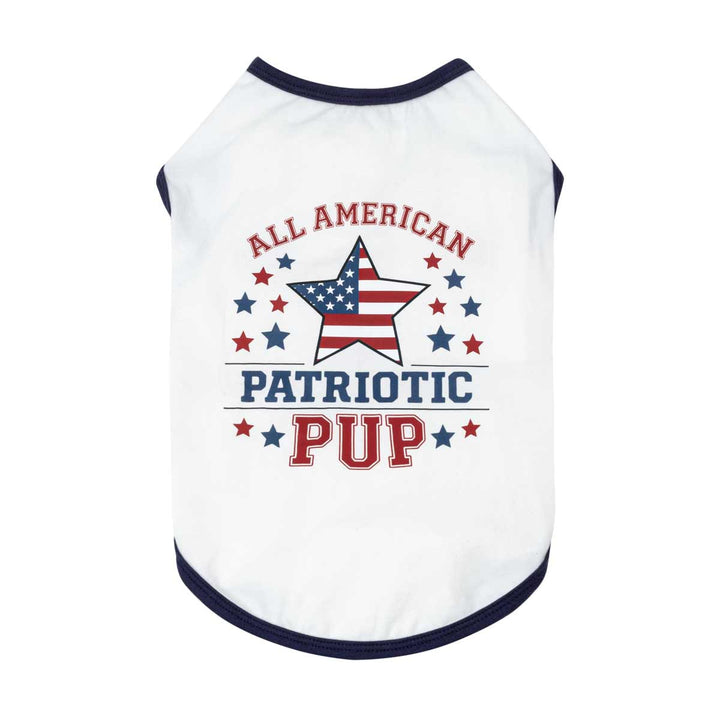 White patriotic dog shirt with "All American Patriotic Pup" text and star graphic.