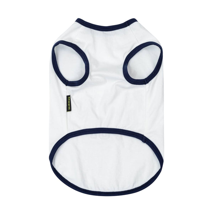 White sleeveless dog shirt with navy trim by Fitwarm.