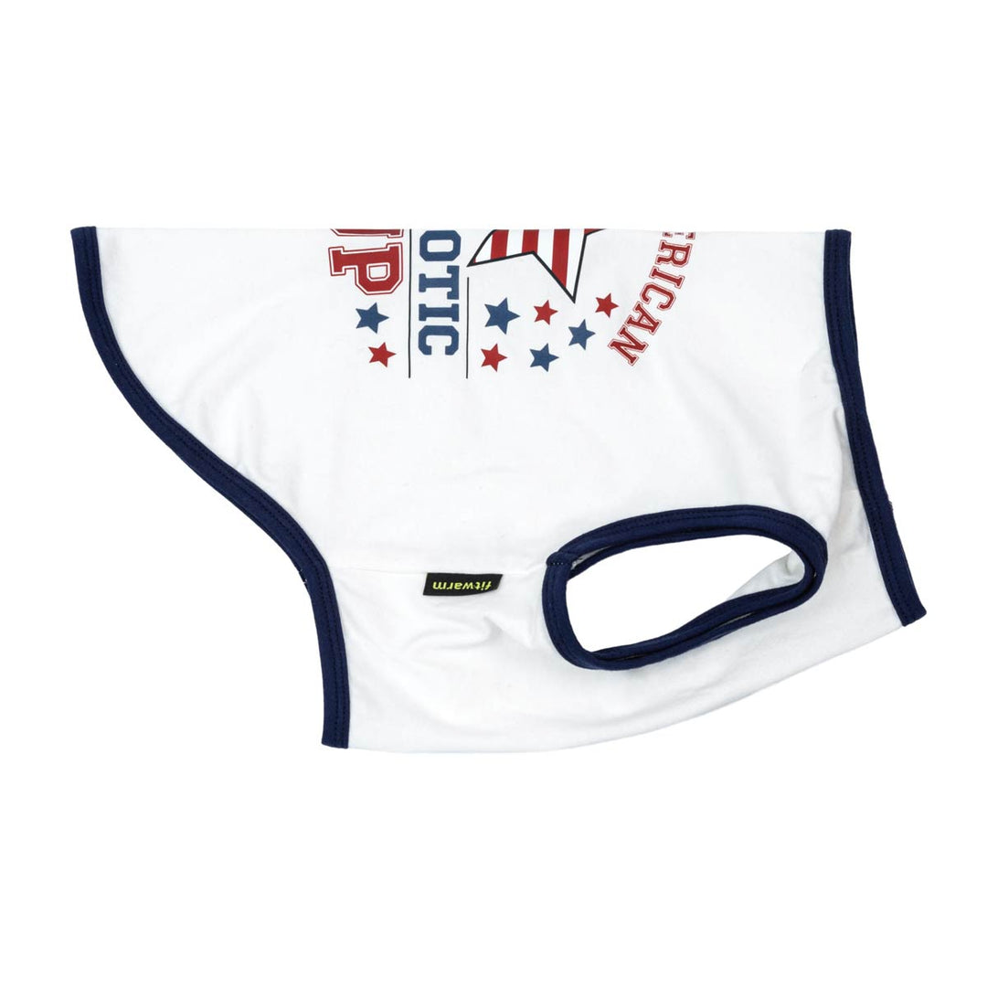 White dog tank top with 'All American Patriotic Pup' text, stars, and navy trim.