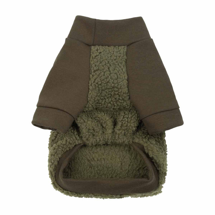 Back view of green dog sweater featuring sherpa panel