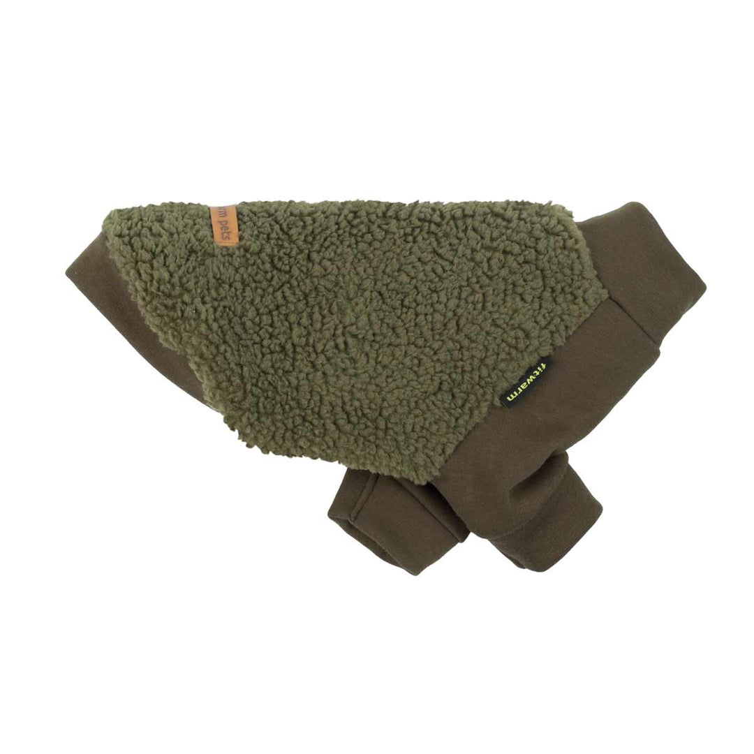 Side profile of green sherpa dog sweater with relaxed pullover fit.