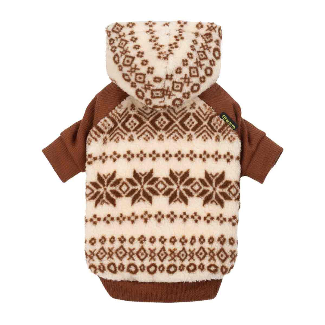 Dog hoodie with brown and cream Nordic pattern, sherpa texture, and attached hood shown from back view