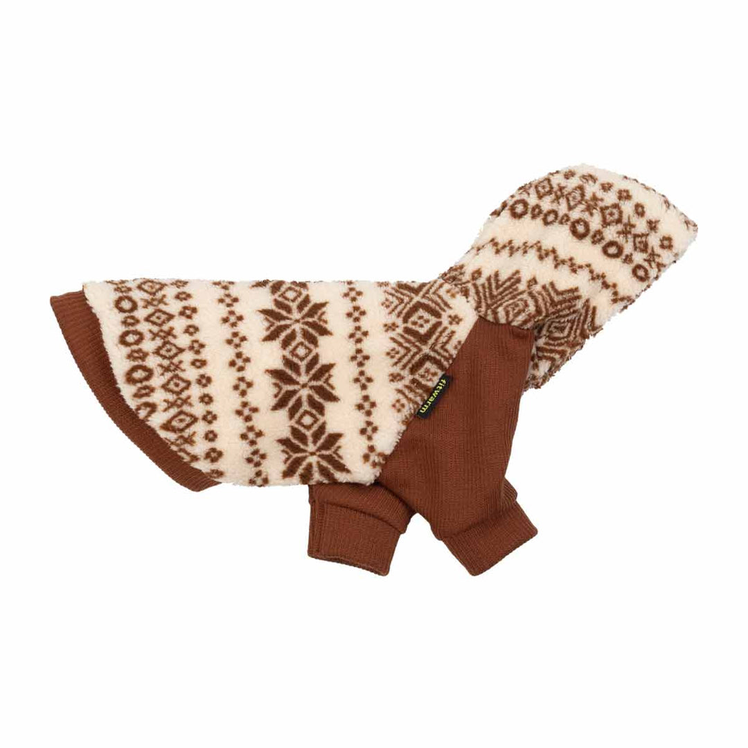 Brown and beige patterned dog hoodie on a white background