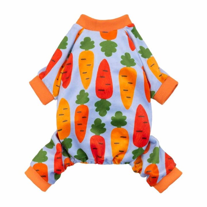 Carrot print dog pajamas with orange rib cuffs and blue background, front view.
