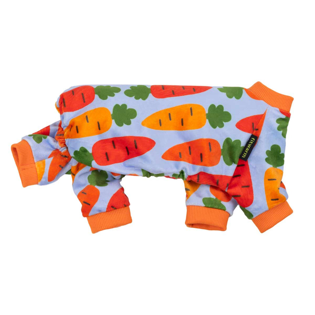 Side view of carrot print dog pajamas with orange cuffs and four leg coverage.