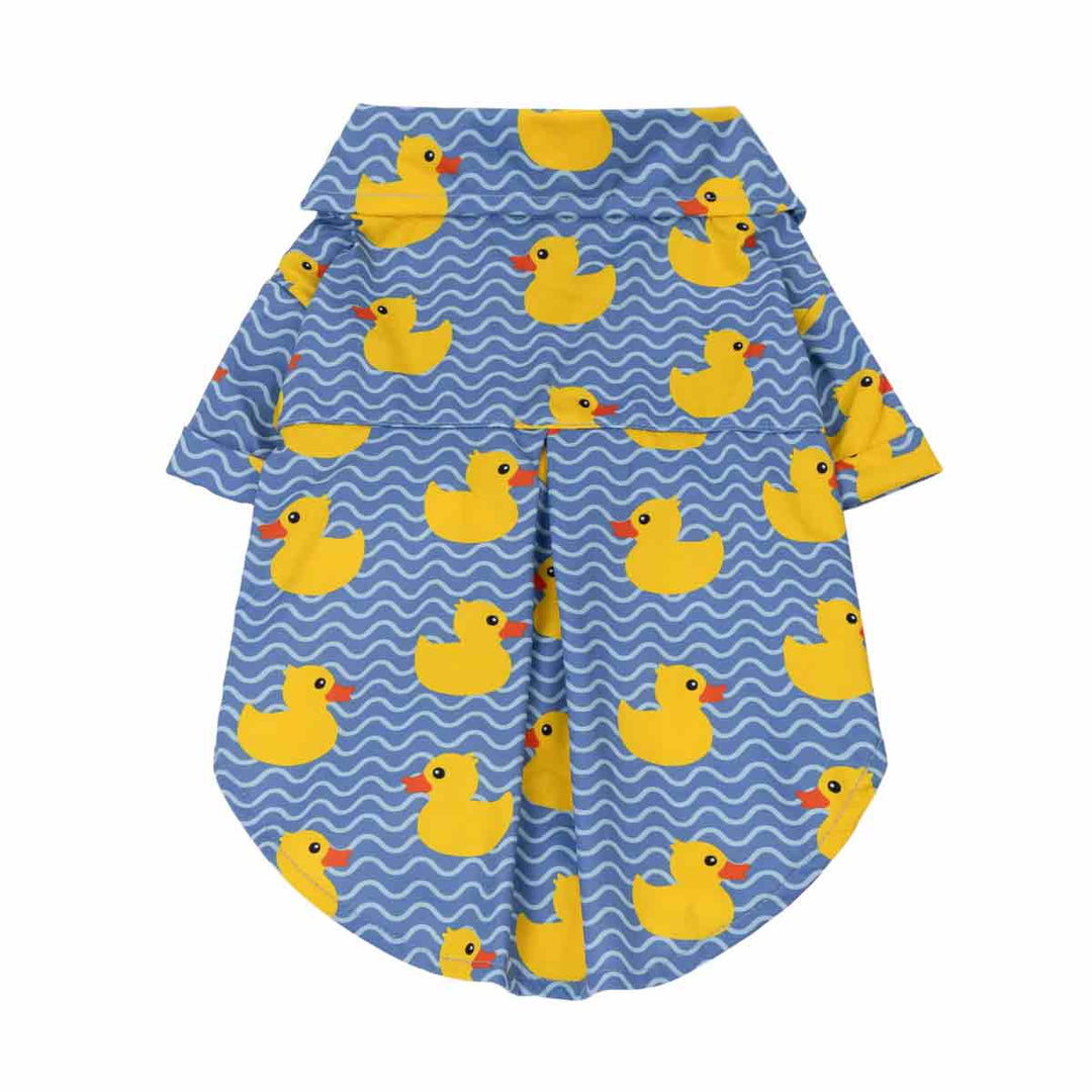 Blue summer dog shirt featuring playful yellow duck & wave print, button-up design.