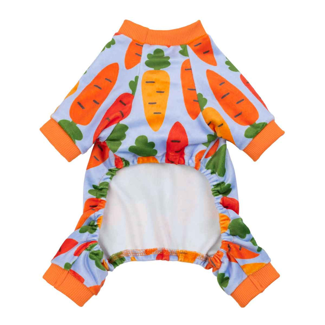 Back view carrot print dog pajamas with elastic belly opening and orange cuffs.