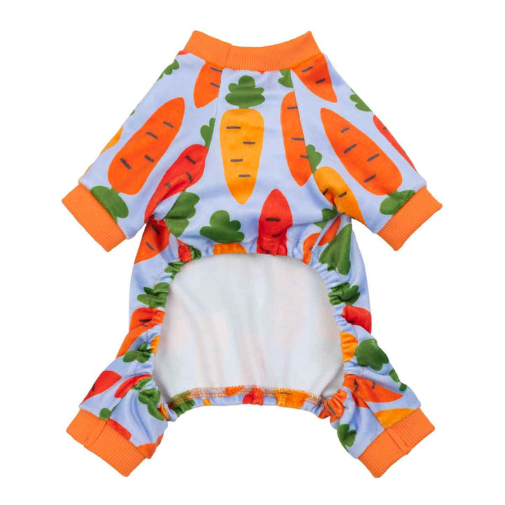 Back view carrot print dog pajamas with elastic belly opening and orange cuffs.