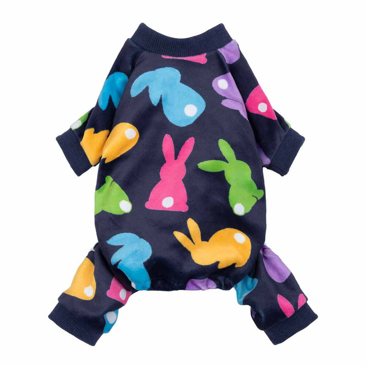 Navy dog pajamas with colorful bunny print and ribbed cuffs, front view.