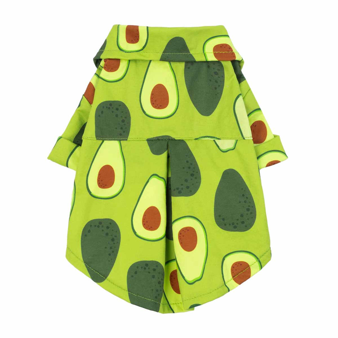 Green avocado dog shirt with folded collar and curved hem, back view