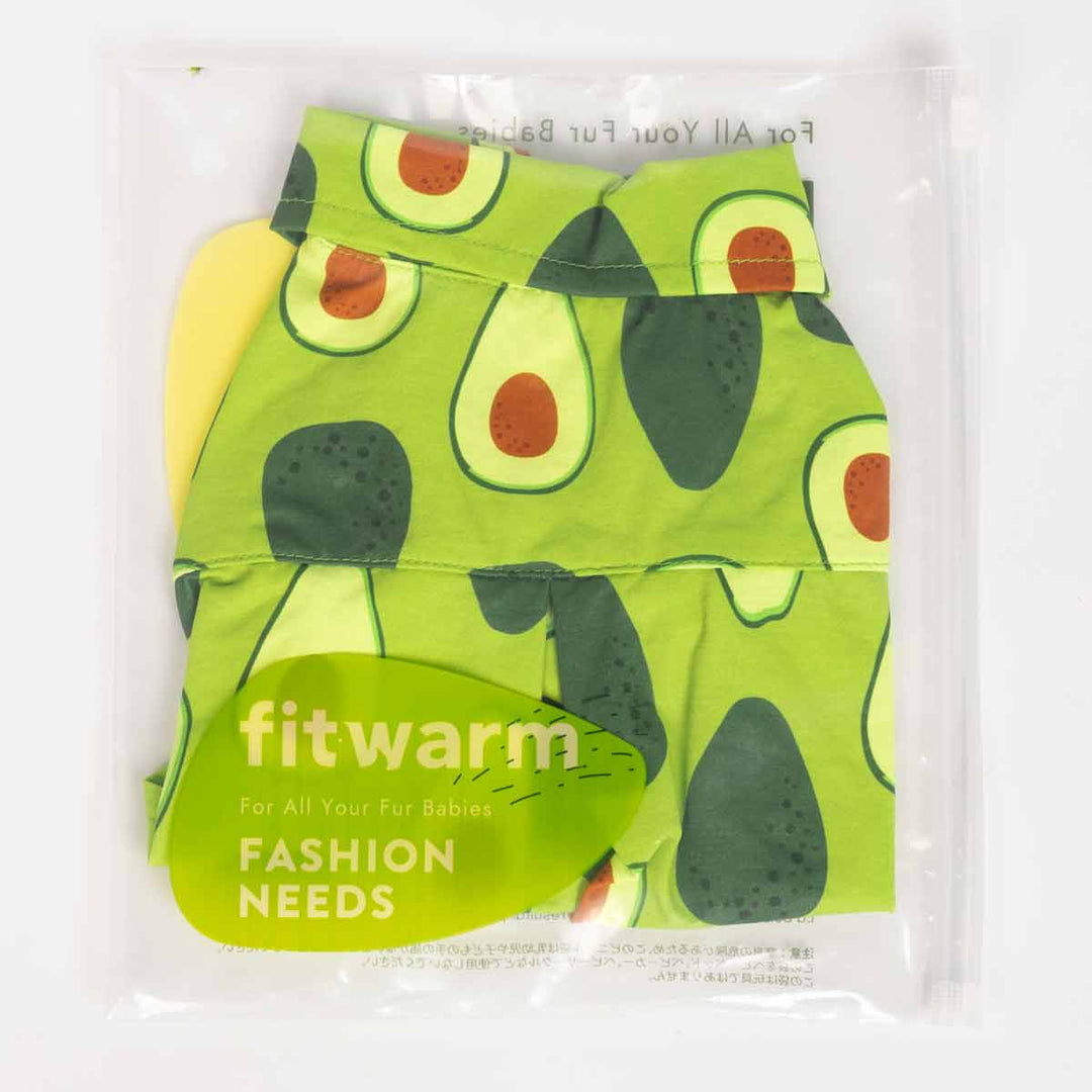 Packaged avocado print dog shirt folded neatly in transparent bag
