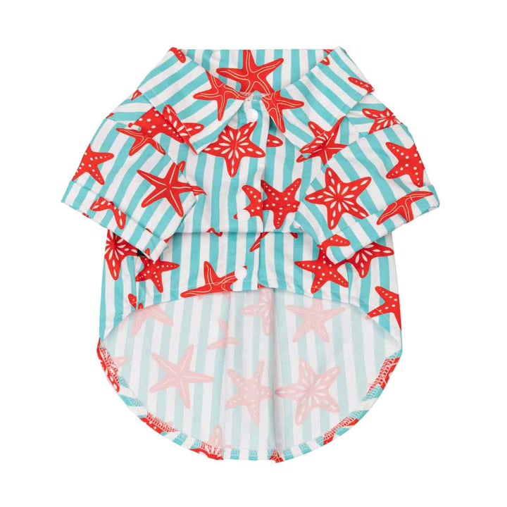 Dog Hawaiian shirt with red starfish and blue stripes on a white background
