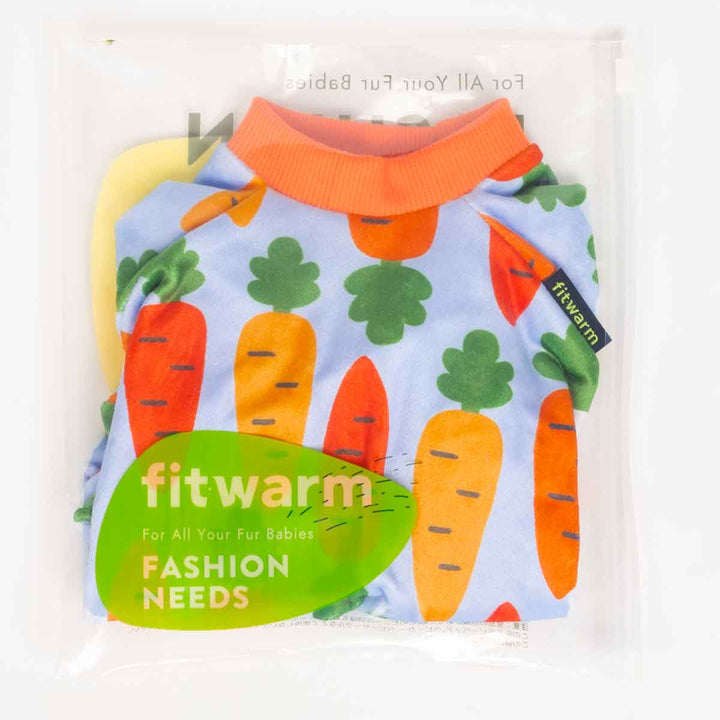 Packaged carrot print dog pajamas in clear bag with Fitwarm label