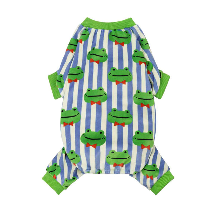 Dog pajama with frog pattern on a white background