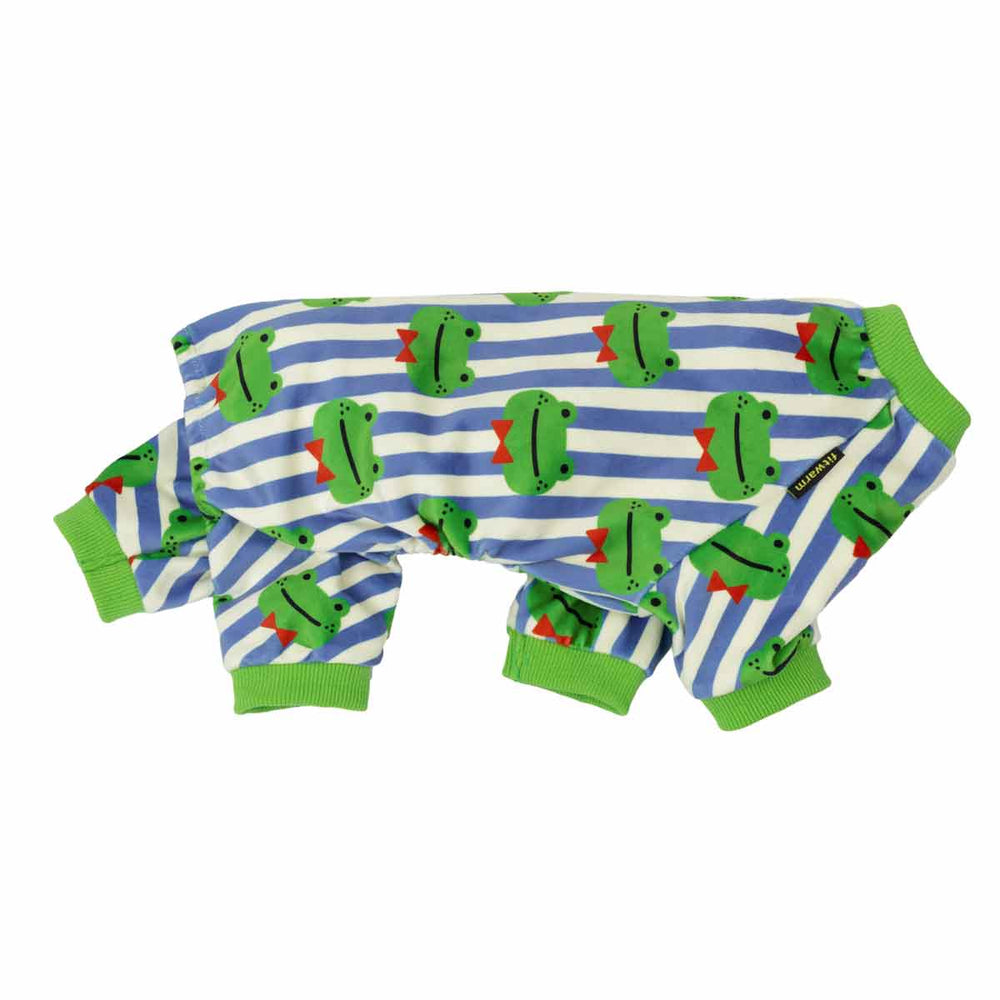 Side view of dog pjs with frog pattern on a white background