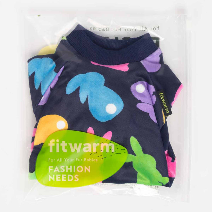 Close up bunny pattern on navy dog pajamas fabric.