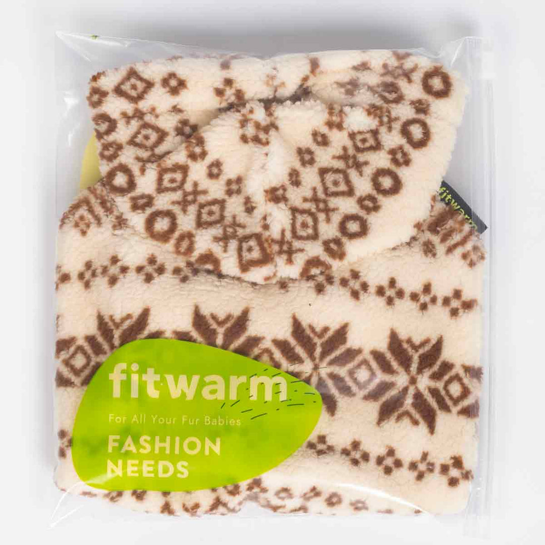 Dog hoodie folded in clear packaging featuring brown geometric fleece pattern and Fitwarm brand label