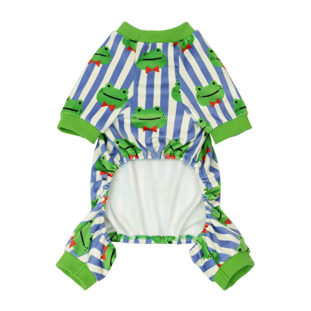 Blue and white striped pajamas for dogs with funny frog prints