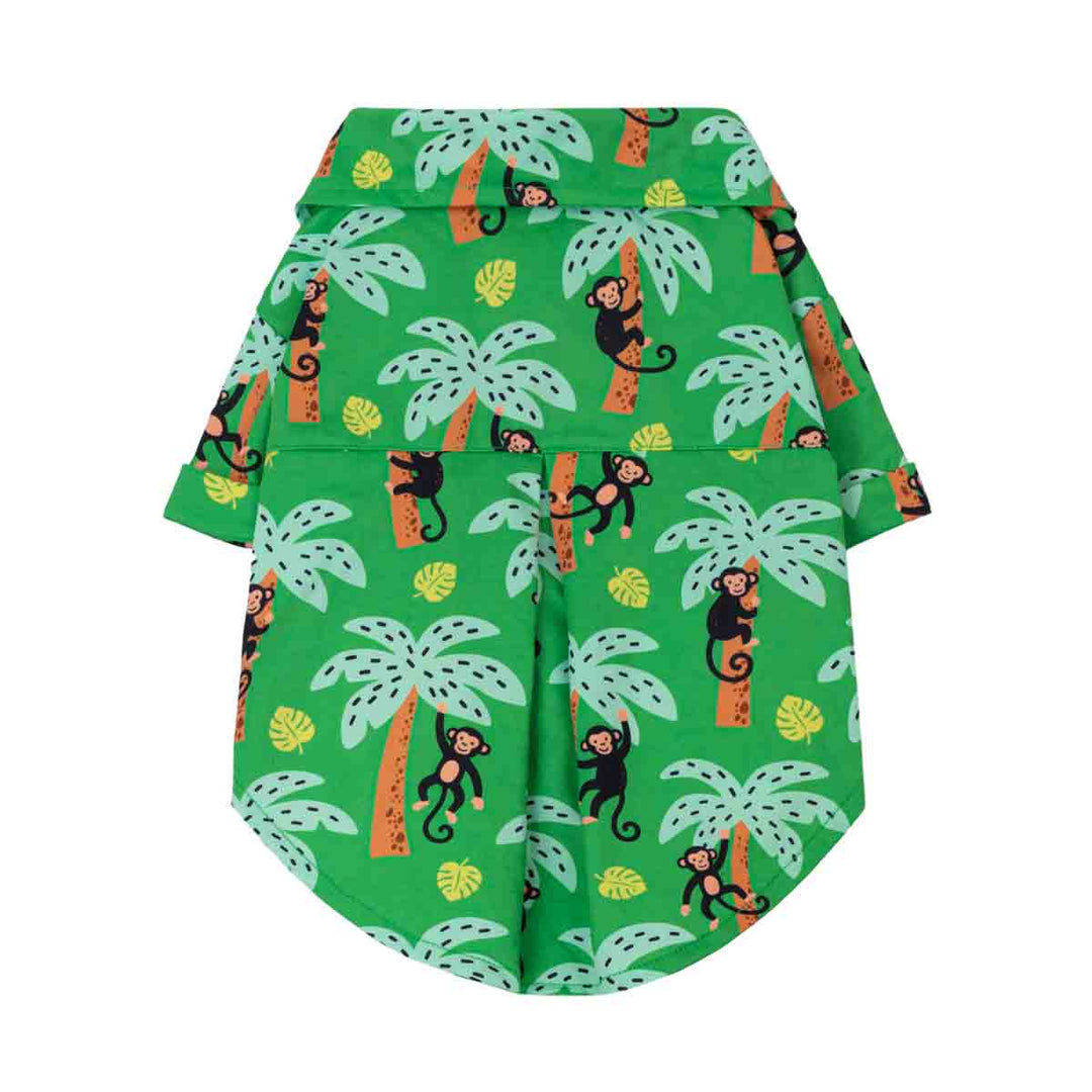 Hawaiian shirt for dogs designed with tropical monkey and palm tree prints