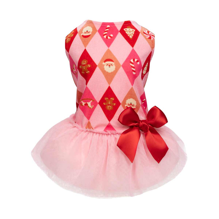 Festive holiday-themed dog tutu featuring a pink and red harlequin pattern with Santa Claus, gingerbread men, candy canes, and pizza slices, finished with a light pink tulle skirt and a large red satin bow