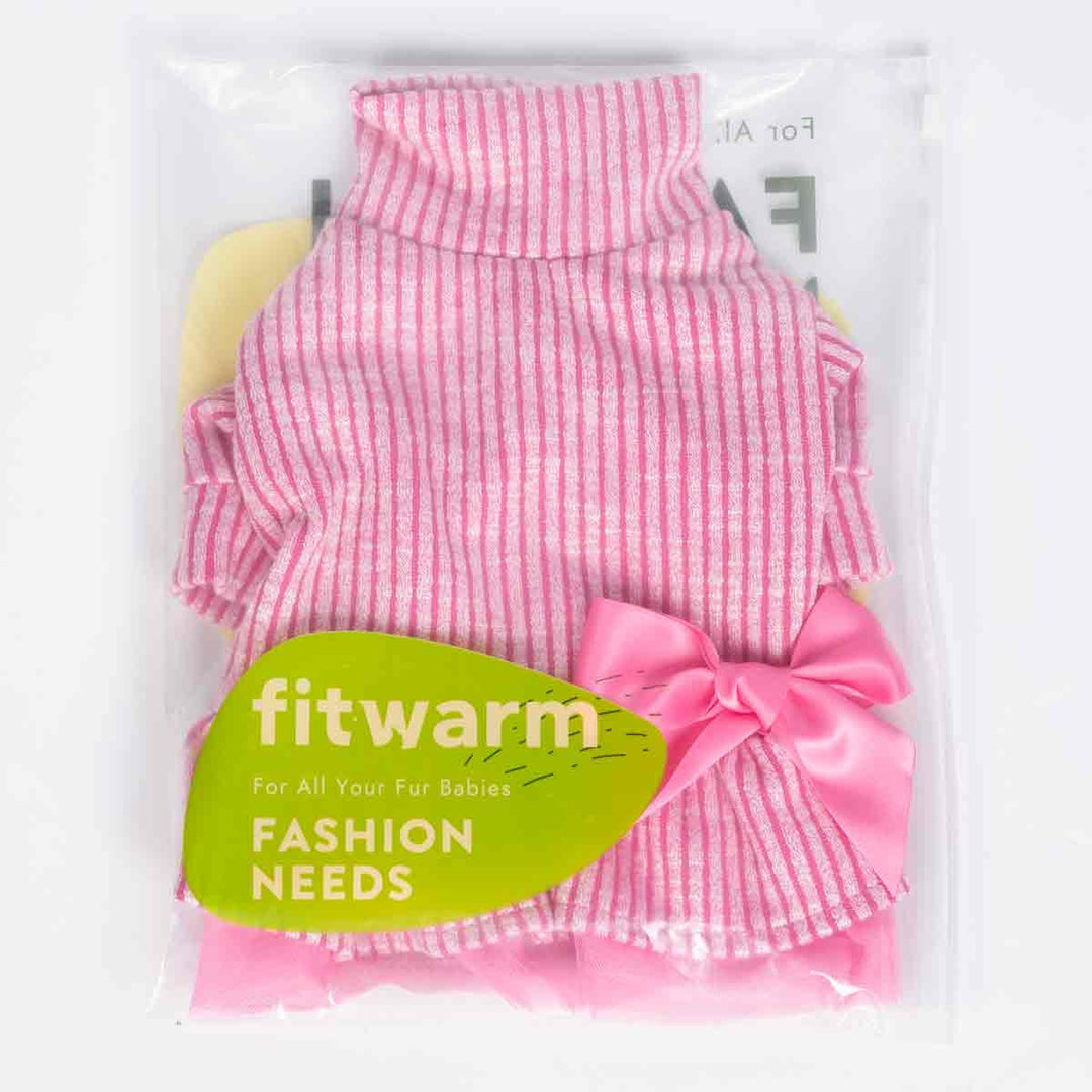 Pink striped turtleneck dog dress with satin bow and pink tulle hem. "fitwarm FASHION NEEDS" logo.