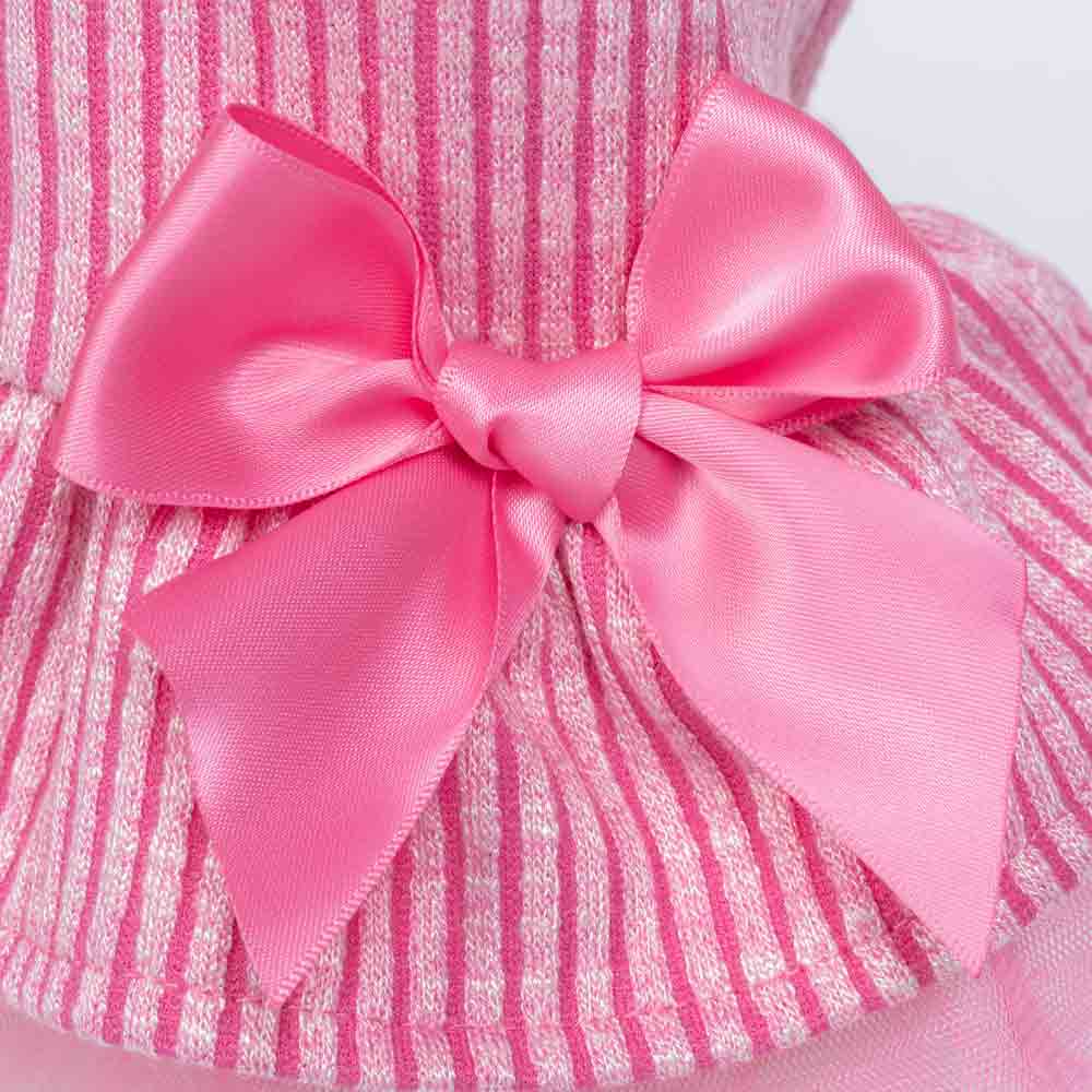 Pink striped knit dog dress with a satin bow accent and layered tulle hem.
