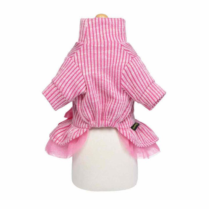 Pink striped turtleneck dog dress with a satin bow and layered tulle hem.