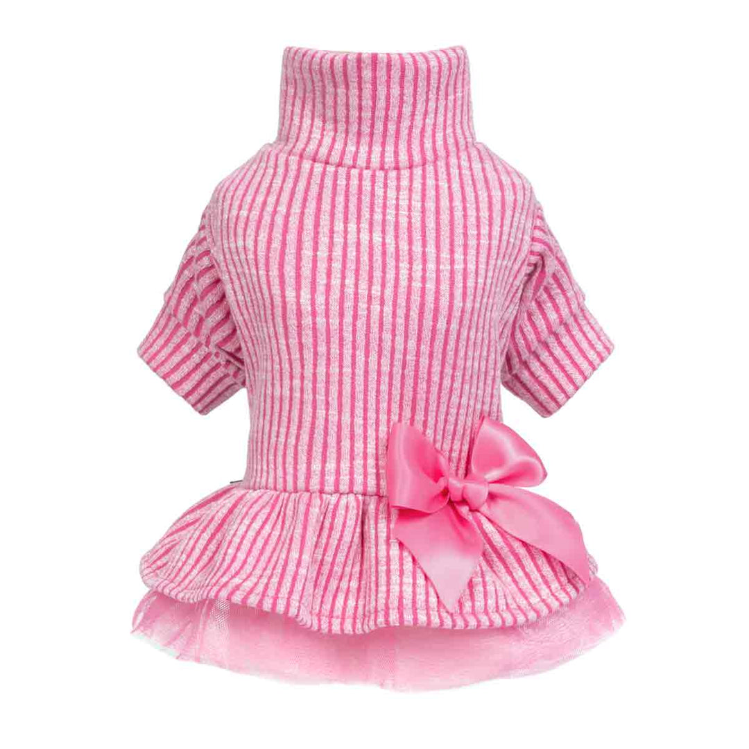 Pink striped turtleneck knitted dog dress with satin bow and tulle skirt.
