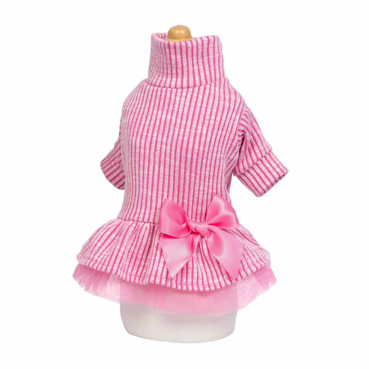 Pink striped turtleneck dog dress with satin bow and layered tulle hem.