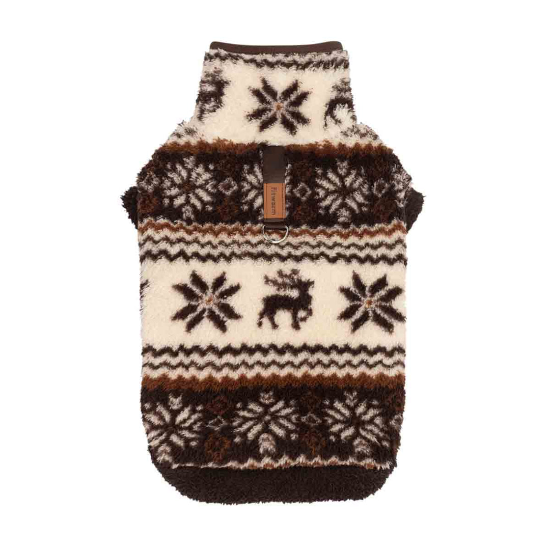 Fuzzy dog coat with reindeer and snowflake prints