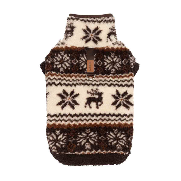 Fuzzy dog coat with reindeer and snowflake prints