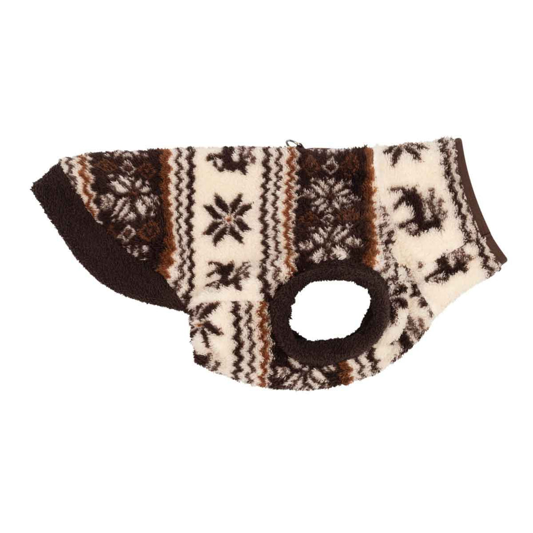 Side view of dog fleece sweater with a brown and cream Nordic pattern featuring snowflakes, reindeer, and geometric stripes, shown on a plain white background