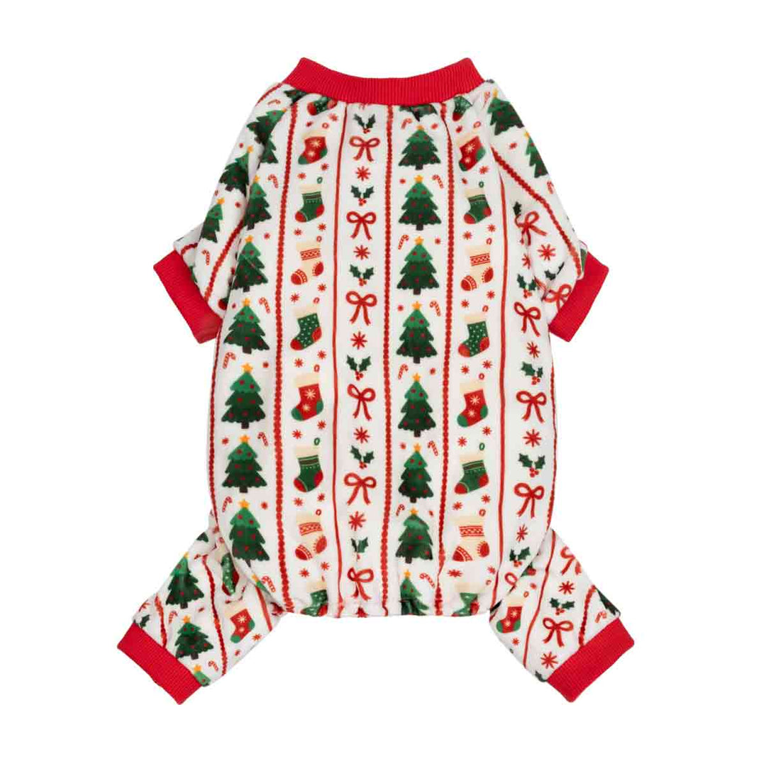 Christmas pajamas for dogs with Christmas tree, socks, and bow prints