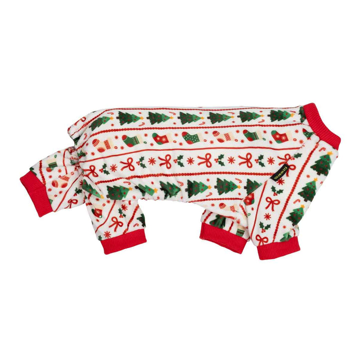 Side view of four leg festive dog pjs with classic Christmas themed prints such as Christmas tree, bow and socks