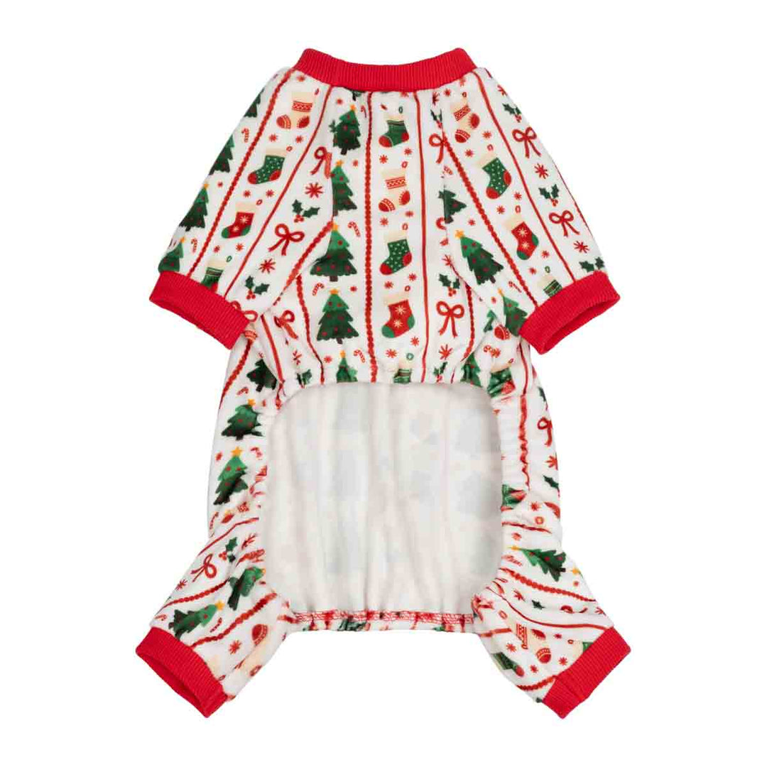 Cozy pajamas for dogs design with Christmas themed prints and red ribbed trim for festive touch and warmth