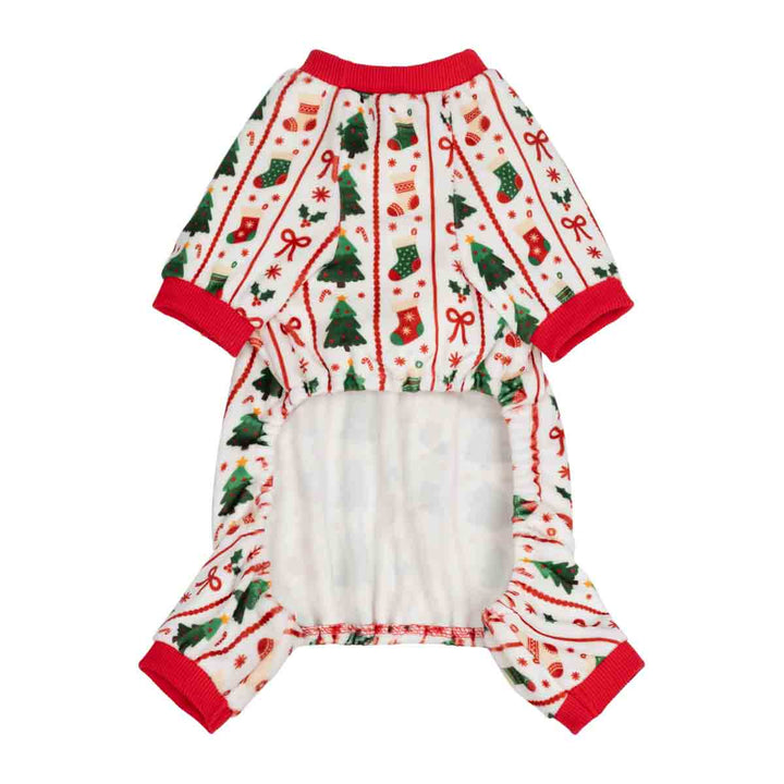 Cozy pajamas for dogs design with Christmas themed prints and red ribbed trim for festive touch and warmth