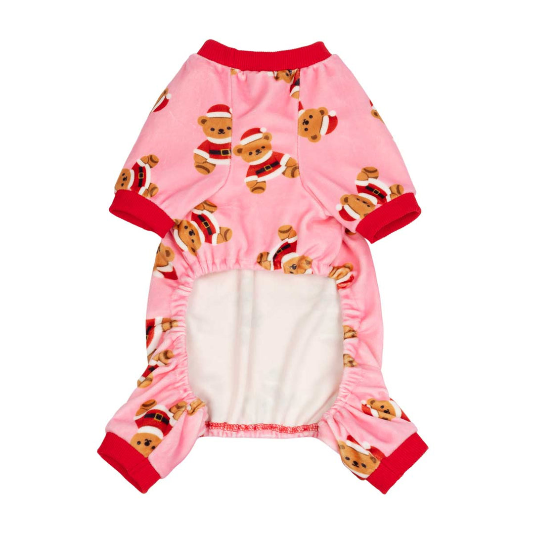 Pink Christmas pajama for dogs with a teddy bear Santa Claus pattern, featuring red trim and a white plush lining