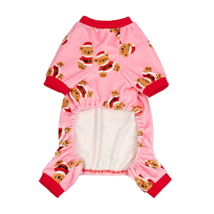Pink Christmas pajama for dogs with a teddy bear Santa Claus pattern, featuring red trim and a white plush lining