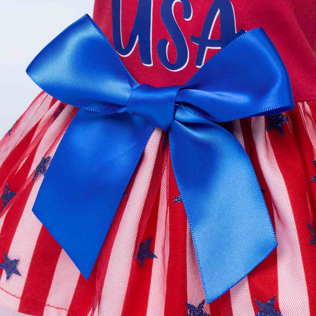 Red dog tutu dress with blue bow and 'USA' text on a white background