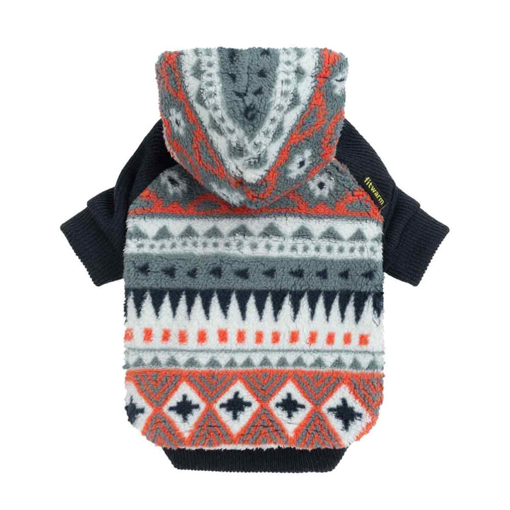 A cozy dog hoodie featuring a geometric pattern with orange, gray, and white colors.