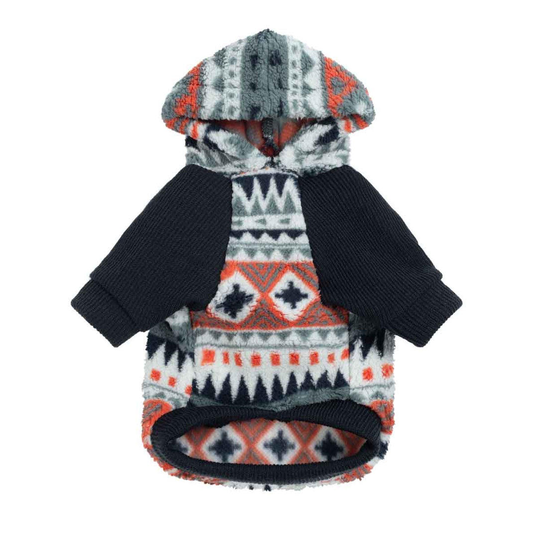 Dog hoodie with a patterned hood and black sleeves on a white background