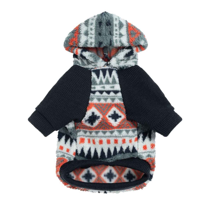 Dog hoodie with a patterned hood and black sleeves on a white background
