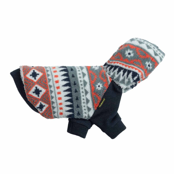 Side view of a dog hoodie with a vibrant geometric design in orange, gray, and white.
