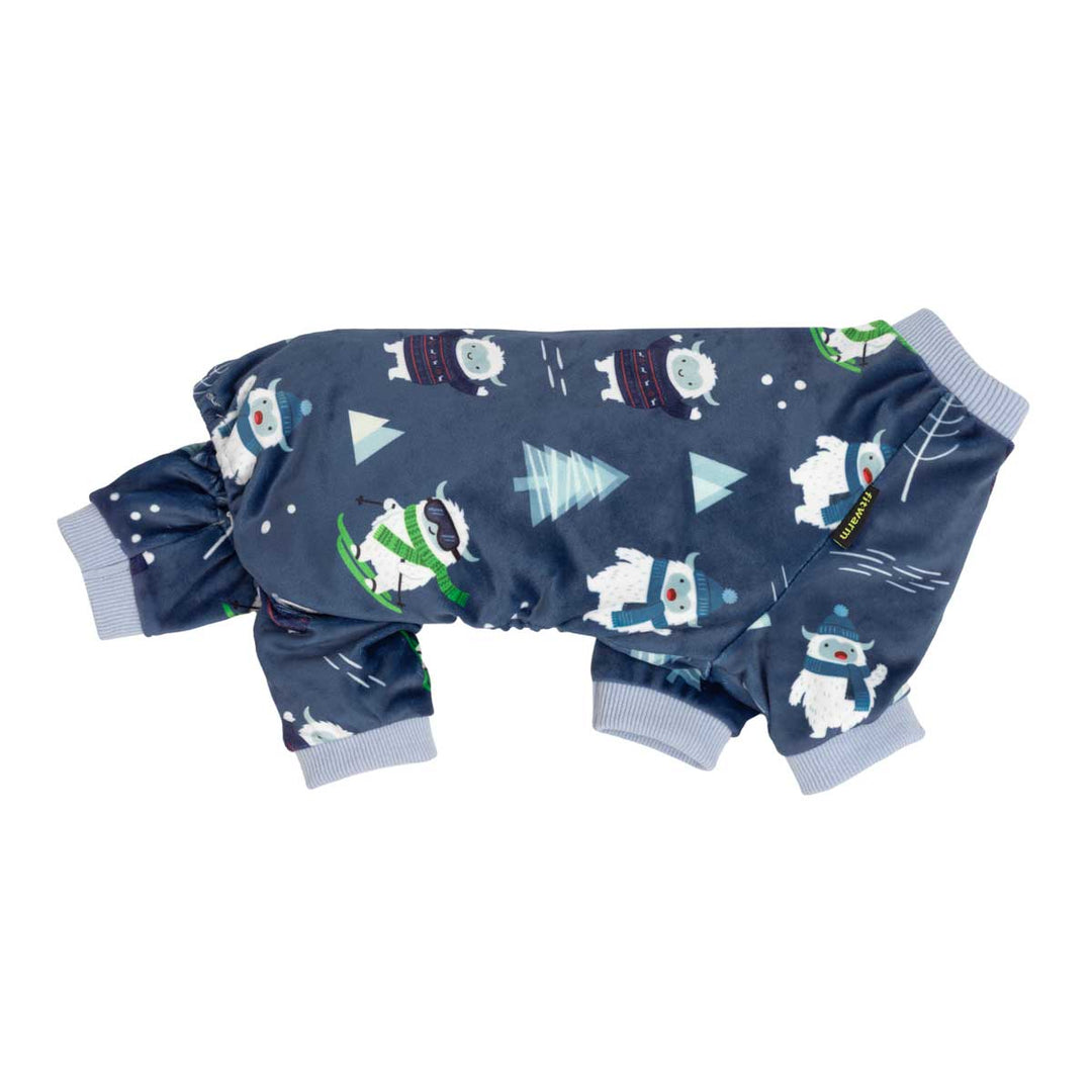 Side view of funny dog onesie with yeti prints showing on a white background
