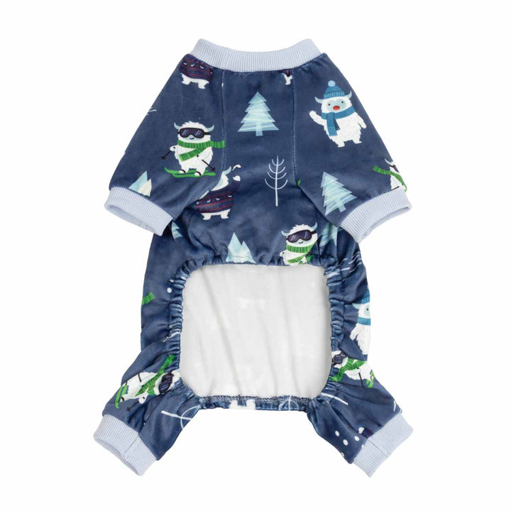 Navy blue dog pjs with a winter print featuring snowmen, trees, and snowflakes, with a white absorbent pad visible at the front opening