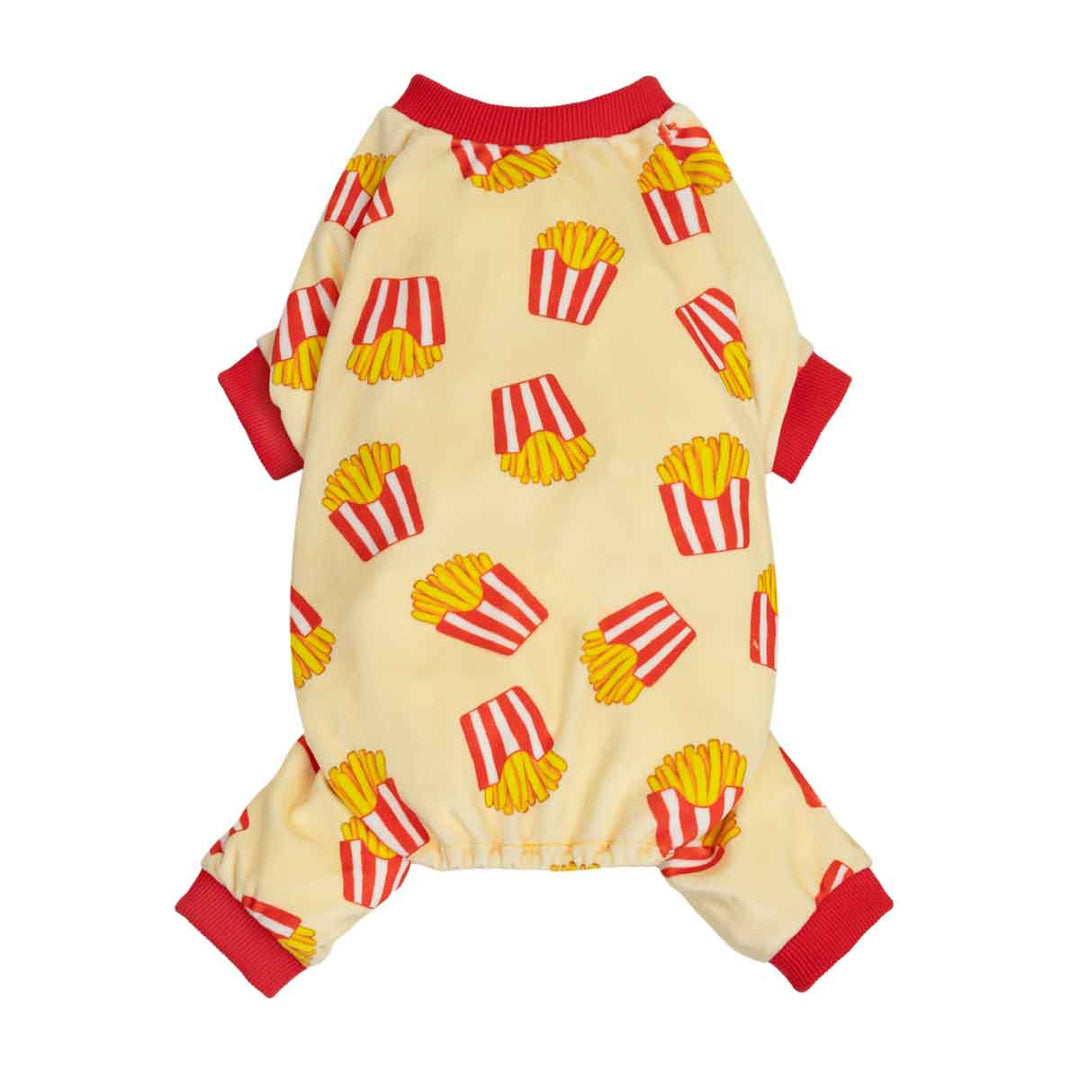 Small dog pjs with a cream background, red trim, and an allover red-and-yellow french fries print, shown on a plain white background